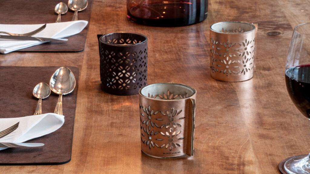 Interior Geschenke für Küche und Wohnzimmer, Windlicht, Tischset, Leder, Wunschleder