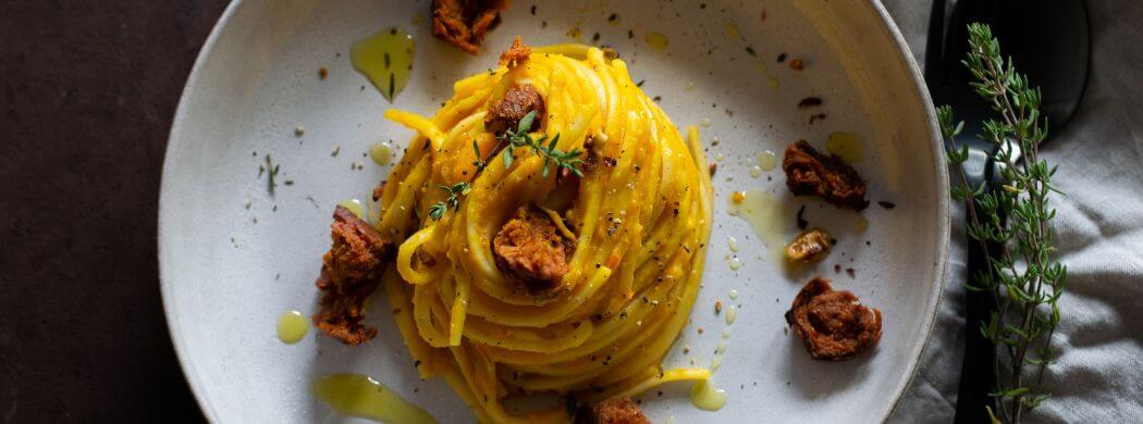 Kürbissauce, Linguine, Pumpkin Pasta, Kürbis, Herbst, Chorizo, Kräuter, Wunschleder