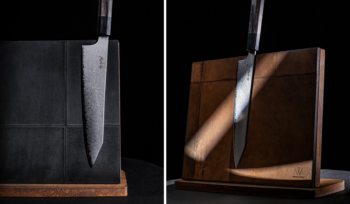 Magnetischer Messerblock aus Stahl und Leder